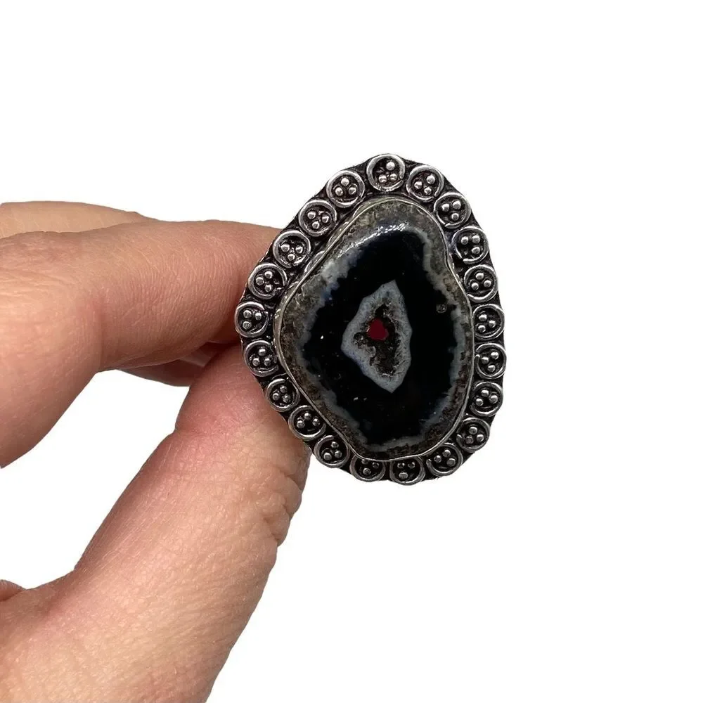 Black Druzy Botswana Agate Geode Ring 925 Sterling Silver Overlay Size 7.5